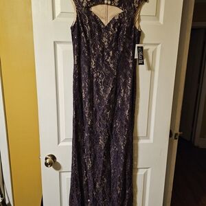 Alex Evenings Purple Lace Maxi Gown with Gold Accents